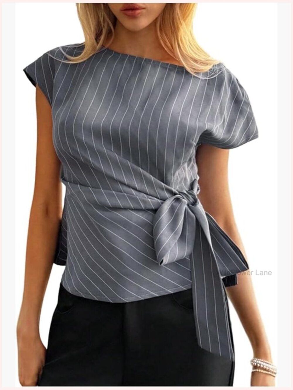Striped Cap Sleeve Blouse Bow Belted Ruched Crew Neck Work Dressy Top